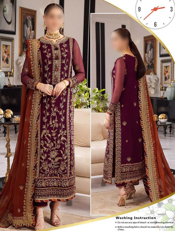 Asim Jofa Chiffon Suit-Maroon-Chiffon-Aarasta