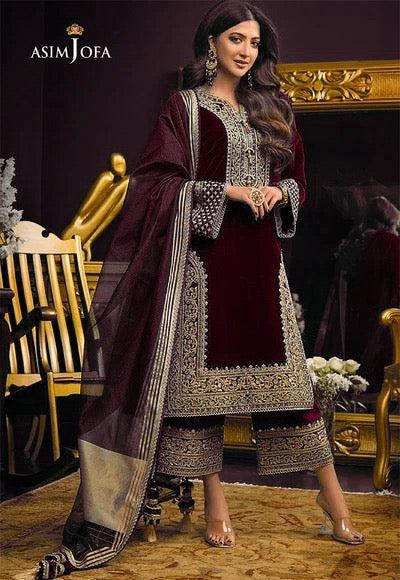 Asim Jofa Chiffon Suit-Maroon-Chiffon-Aarasta