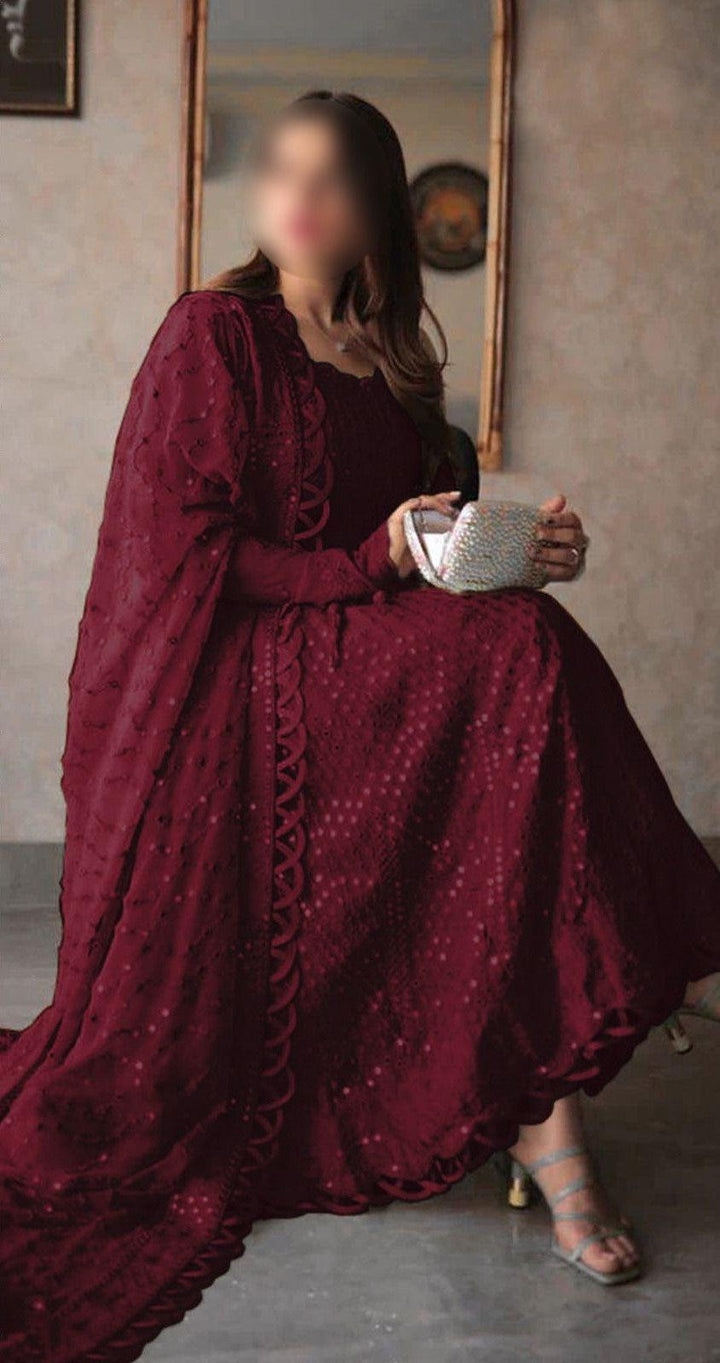 Asim Jofa Chiffon Suit-Maroon-Chiffon-Aarasta