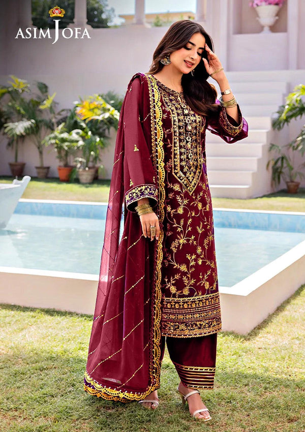 Asim Jofa Chiffon Suit-Maroon-Chiffon-Aarasta