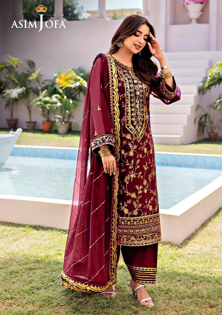 Asim Jofa Chiffon Suit-Maroon-Chiffon-Aarasta
