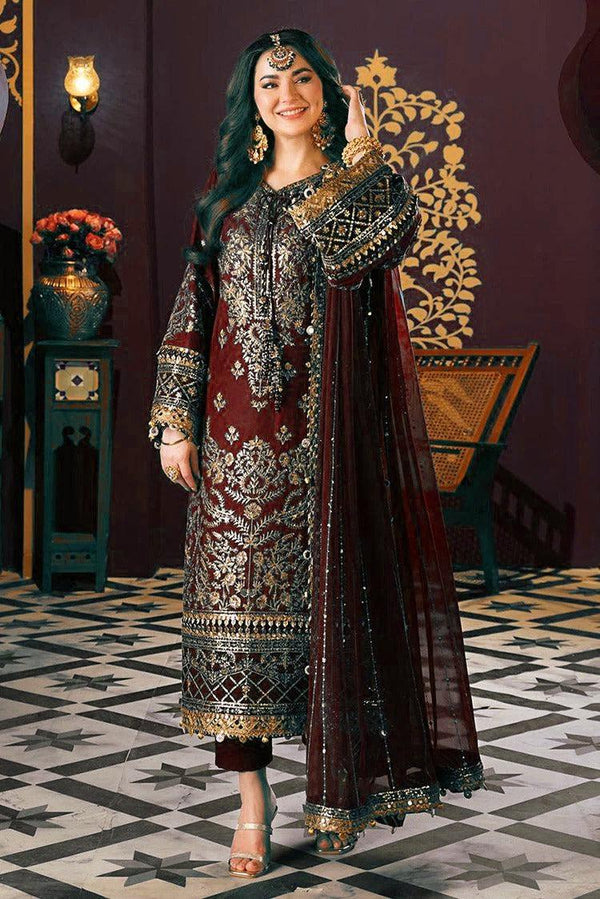 Asim Jofa Chiffon Suit-Maroon-Chiffon-Aarasta