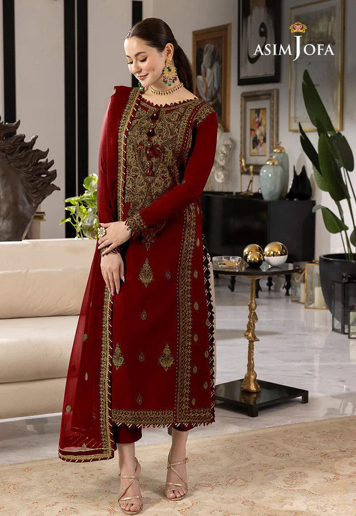 Asim Jofa Chiffon Suit-Maroon-Chiffon-Aarasta