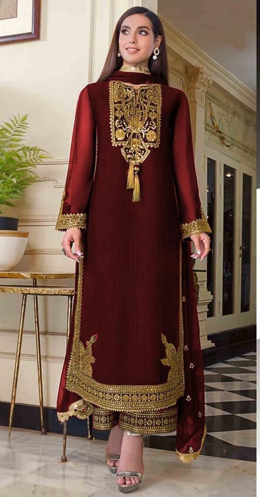 Asim Jofa Chiffon Suit-Maroon-Chiffon-Aarasta
