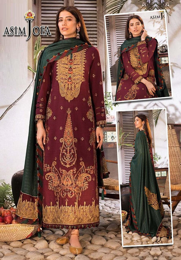 Asim Jofa Chiffon Suit-Maroon-Chiffon-Aarasta