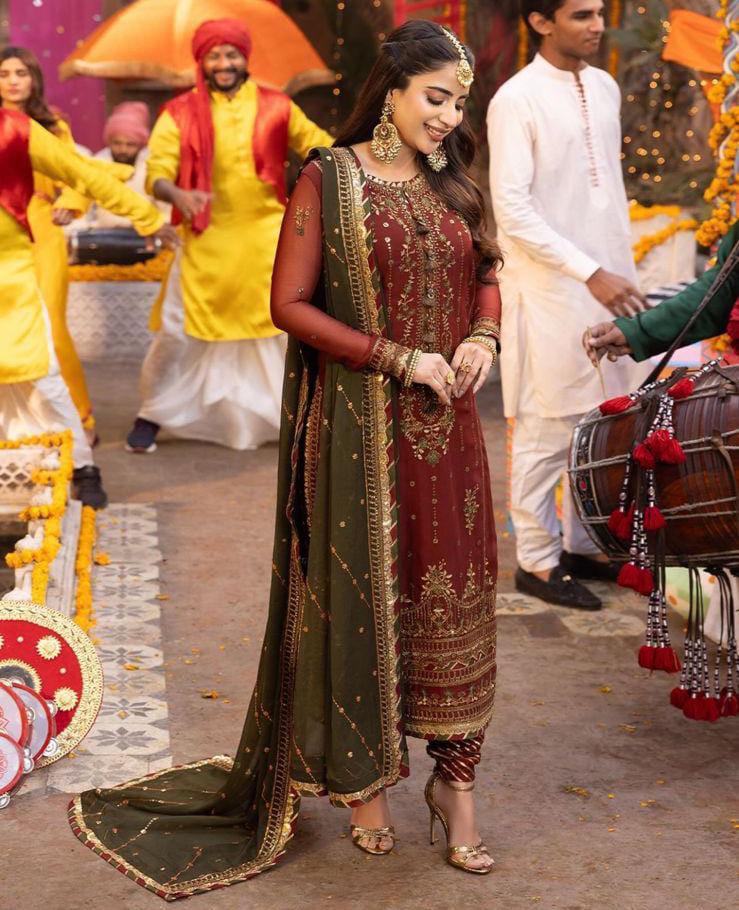 Asim Jofa Chiffon Suit-Maroon-Chiffon-Aarasta