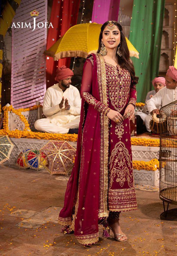 Asim Jofa Chiffon Suit-Maroon-Chiffon-Aarasta