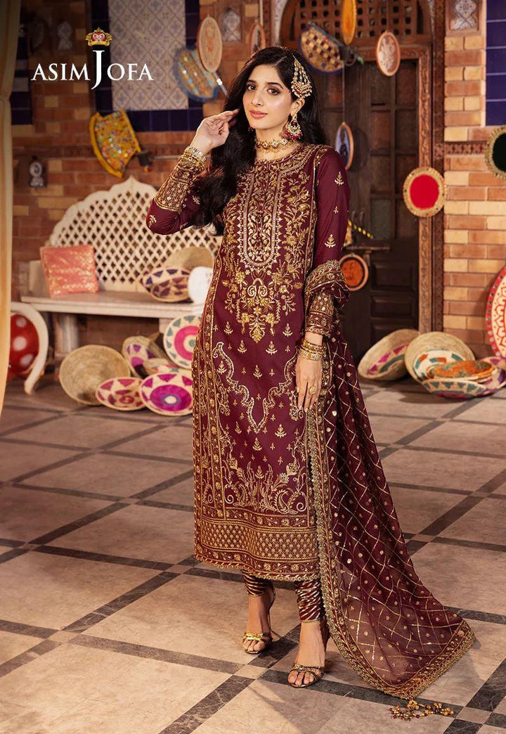 Asim Jofa Chiffon Suit-Maroon-Chiffon-Aarasta