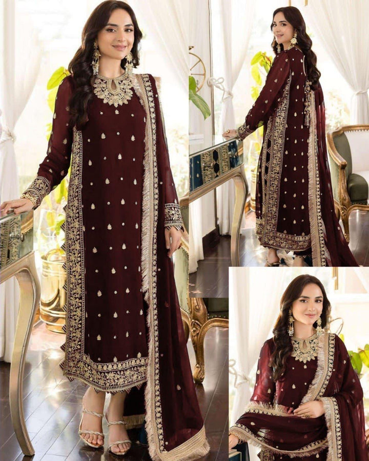 Asim Jofa Chiffon Suit-Maroon-Chiffon-Aarasta