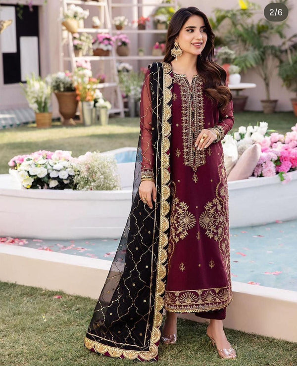 Asim Jofa Chiffon Suit-Maroon-Chiffon-Aarasta
