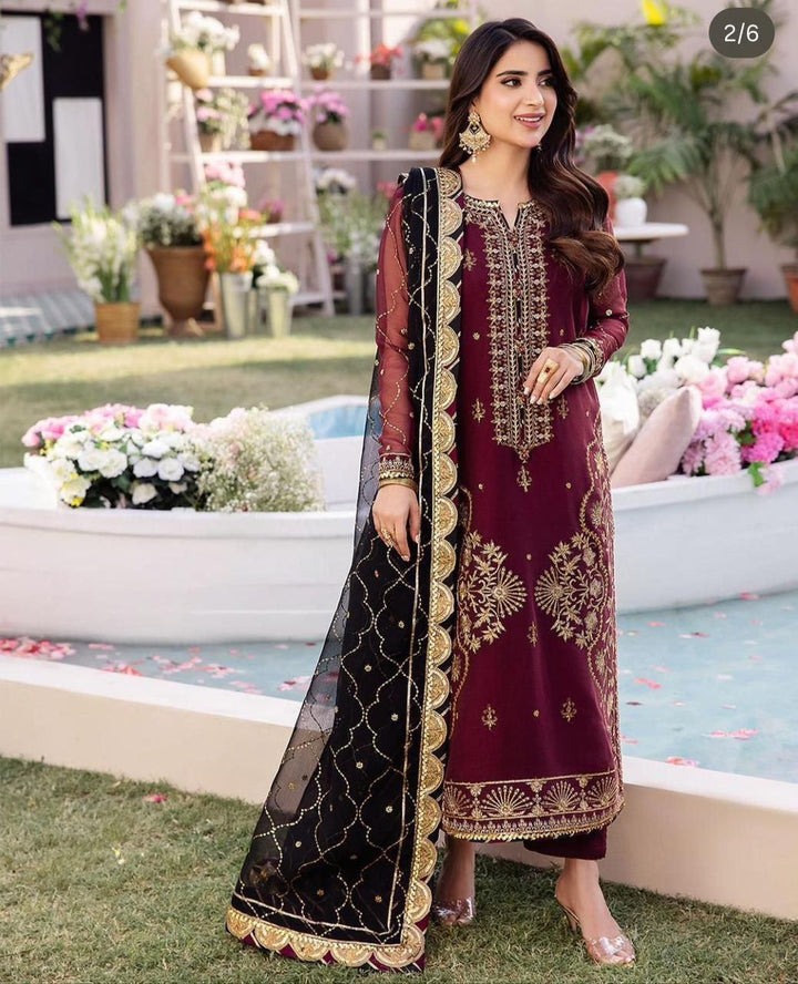 Asim Jofa Chiffon Suit-Maroon-Chiffon-Aarasta
