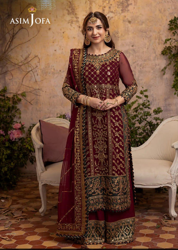 Asim Jofa Chiffon Suit-Maroon-Chiffon-Aarasta