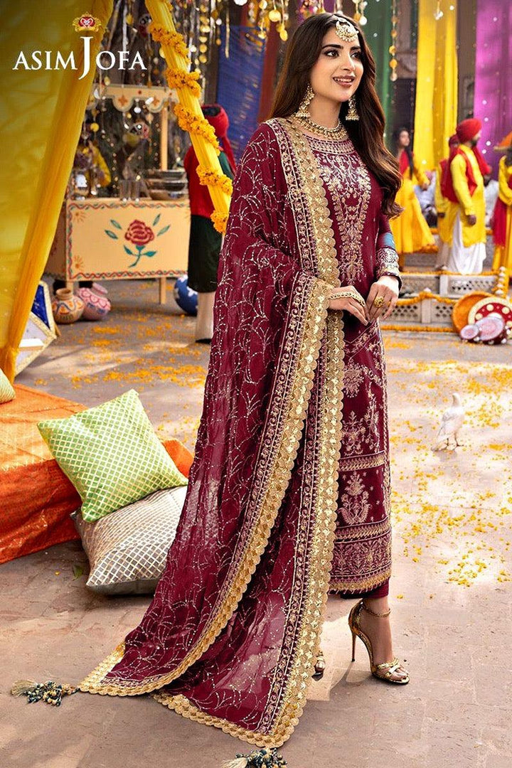 Asim Jofa Chiffon Suit-Maroon-Chiffon-Aarasta