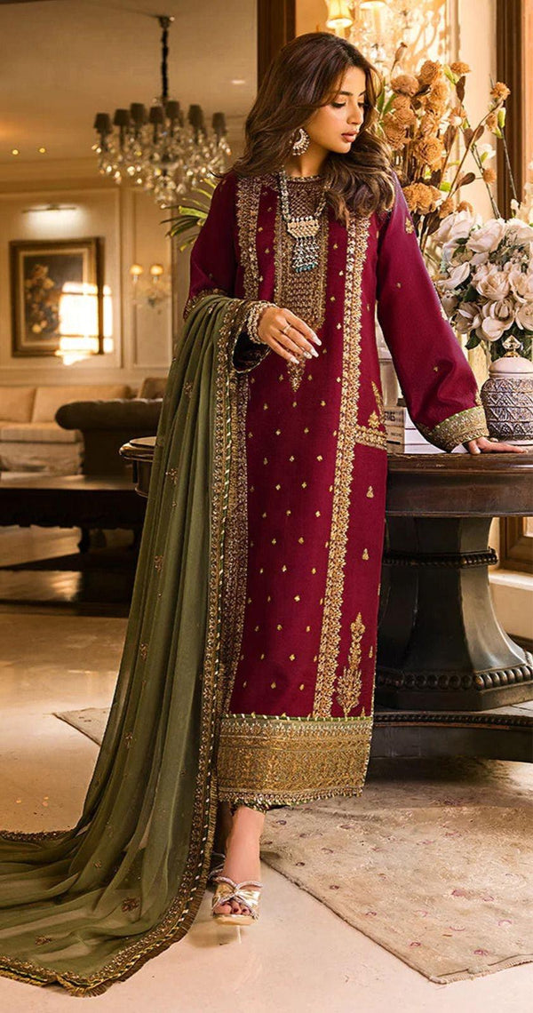 Asim Jofa Chiffon Suit-Maroon-Chiffon-Aarasta