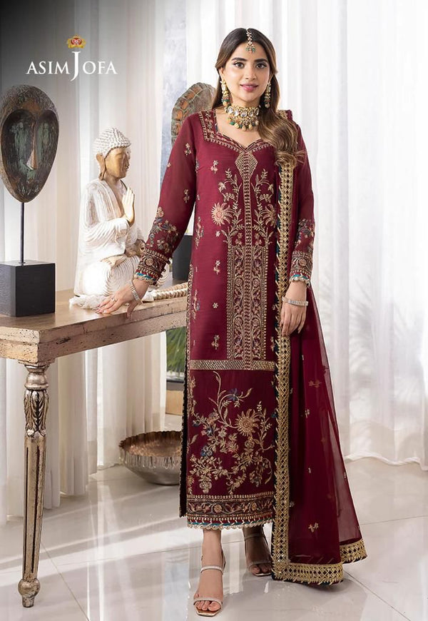 Asim Jofa Chiffon Suit-Maroon-Chiffon-Aarasta