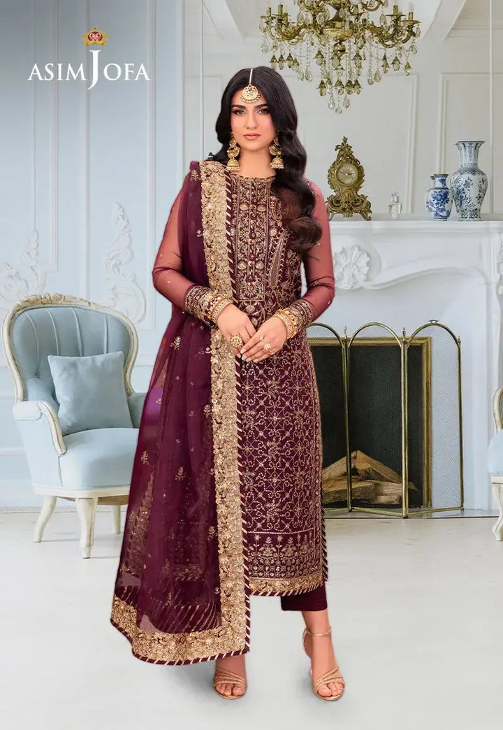 Asim Jofa Chiffon Suit-Maroon-Chiffon-Aarasta