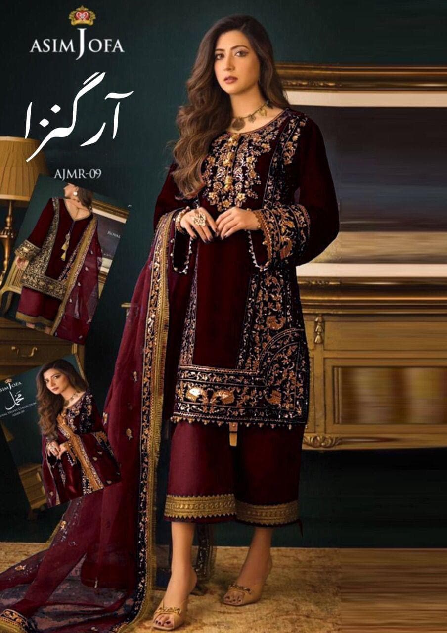Asim Jofa Organza Suit-Maroon-Organza-Aarasta