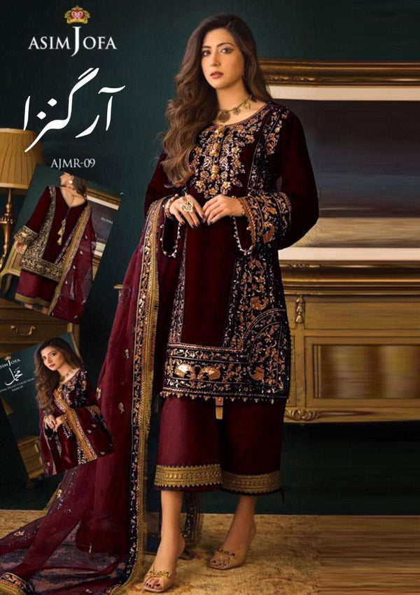 Asim Jofa Organza Suit-Maroon-Organza-Aarasta