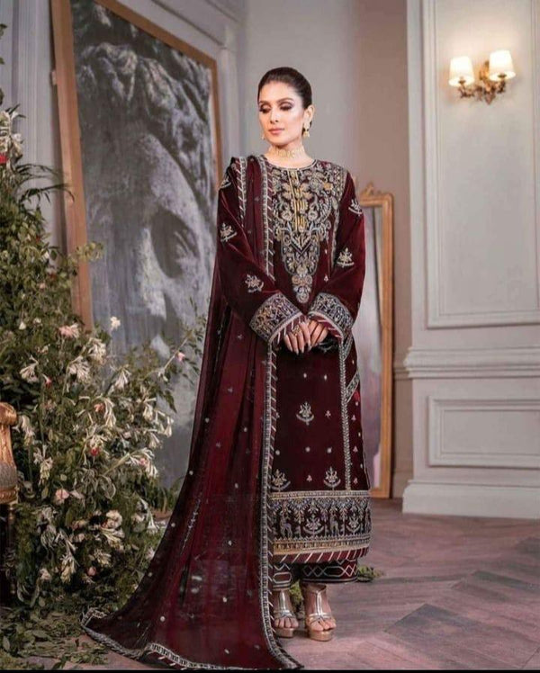 Asim Jofa Velvet Suit-Maroon-Velvet-Aarasta