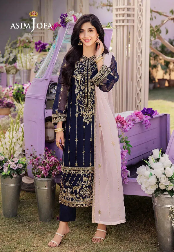 Asim Jofa Chiffon Suit-Navy-Chiffon-Aarasta