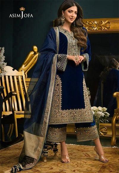 Asim Jofa Chiffon Suit-Navy-Chiffon-Aarasta