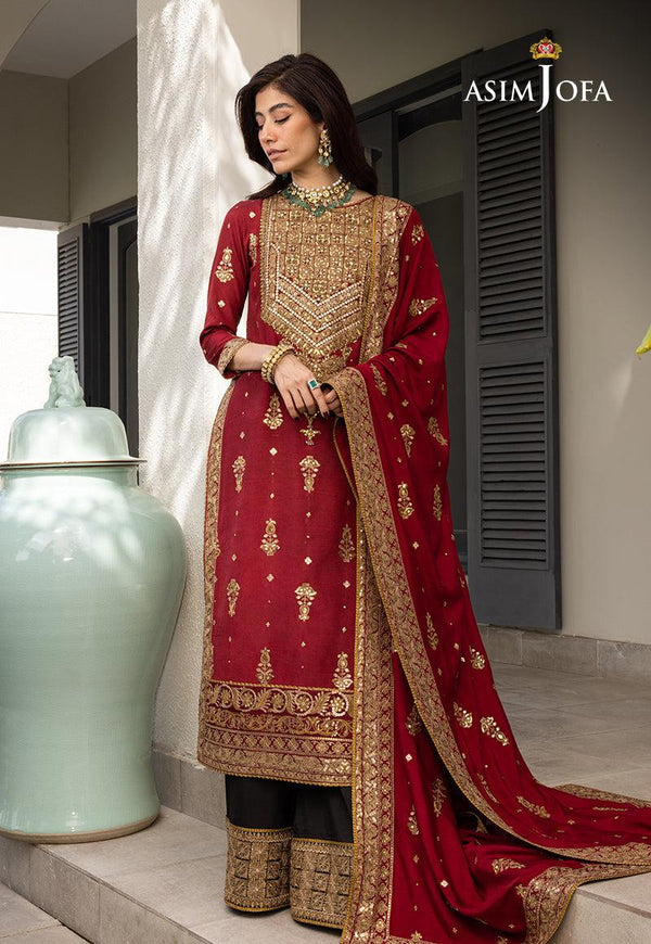 Asim Jofa Chiffon Suit-Red-Chiffon-Aarasta