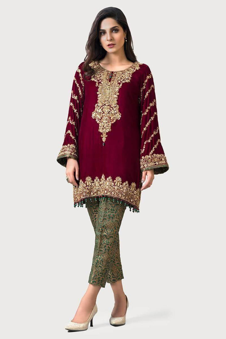 Aisha Imran Velvet Suit-Maroon-Chiffon-Aarasta