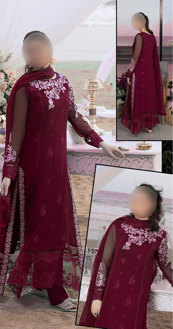 Azure Chiffon Suit-Maroon-Chiffon-Aarasta