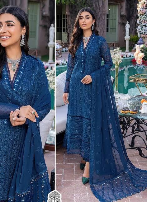 Azure Chiffon Suit-Navy-Chiffon-Aarasta