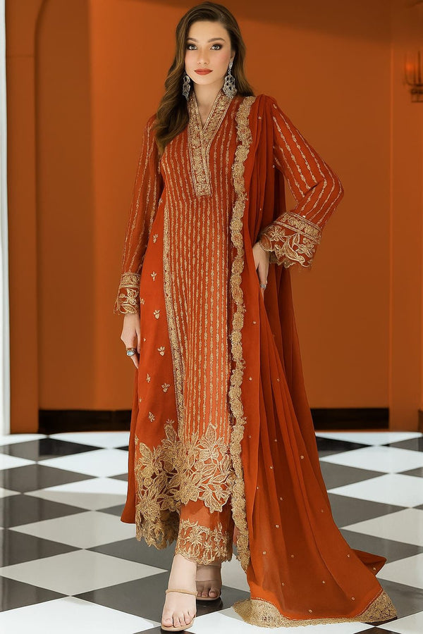 Azure Chiffon Suit-Orange-Chiffon-Aarasta