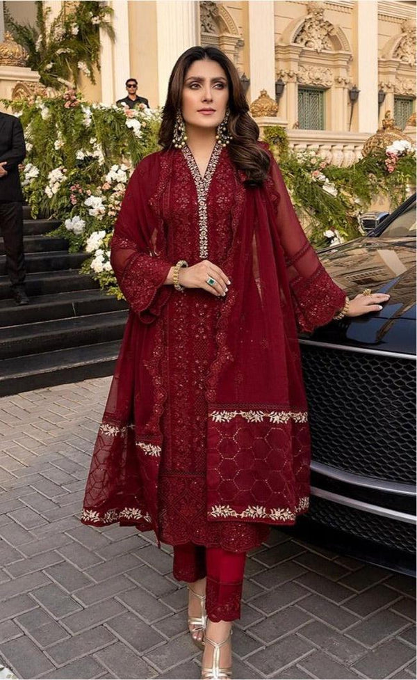 Embroidered Chiffon Suit-Red-Chiffon-Aarasta
