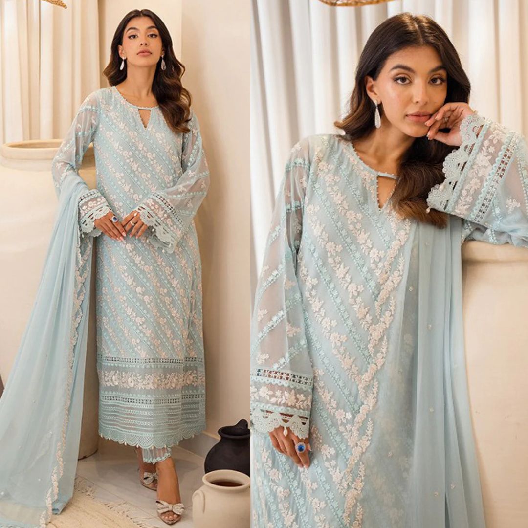 Azure Chiffon Suit-Sky Blue-Chiffon-Aarasta