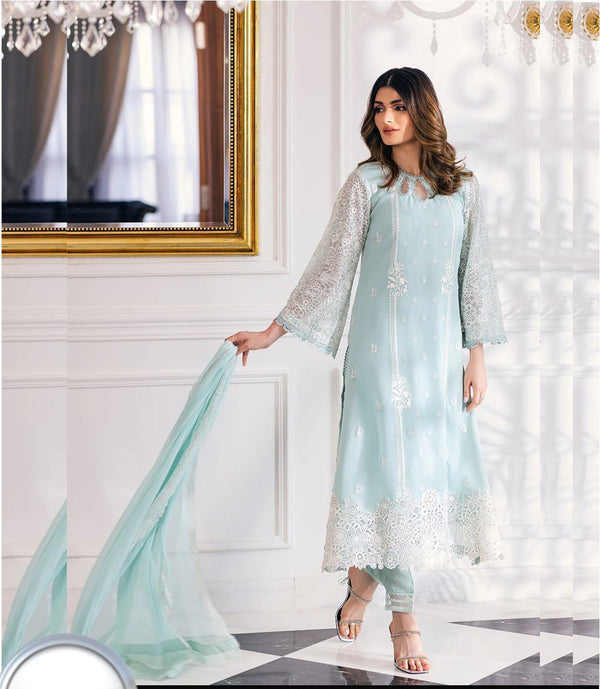 Azure Chiffon Suit-Sky Blue-Chiffon-Aarasta