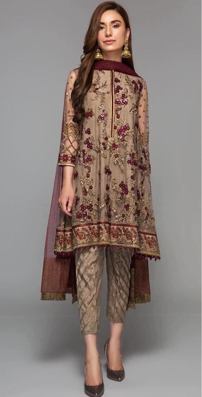 Baroque Chiffon Suit-Brown-Chiffon-Aarasta