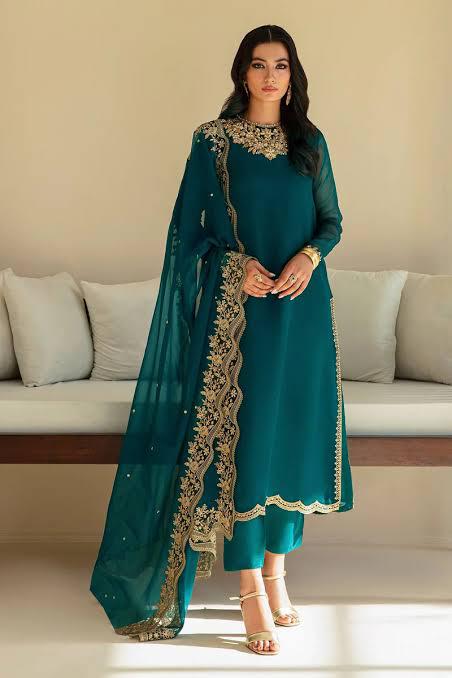 Baroque Chiffon Suit-Green-Chiffon-Aarasta