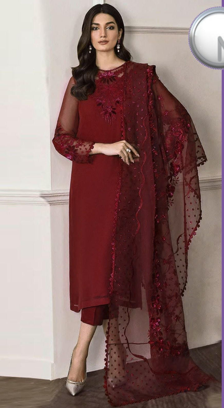 Baroque Chiffon Suit-Maroon-Chiffon-Aarasta