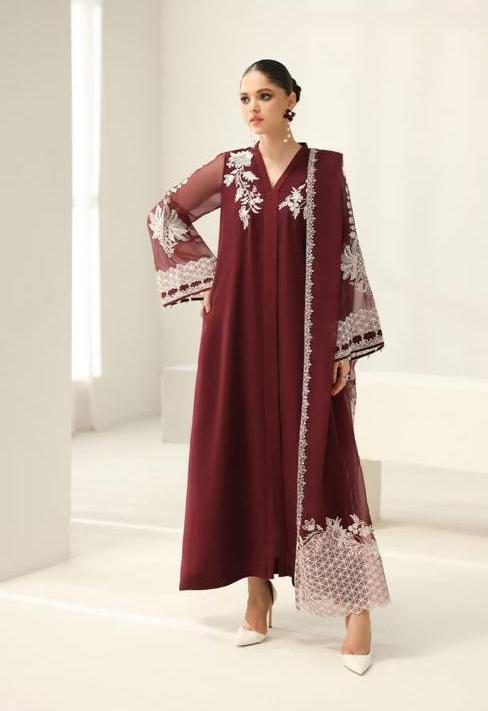 Baroque Chiffon Suit-Maroon-Chiffon-Aarasta