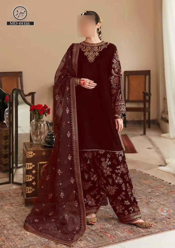 Baroque Chiffon Suit-Maroon-Chiffon-Aarasta
