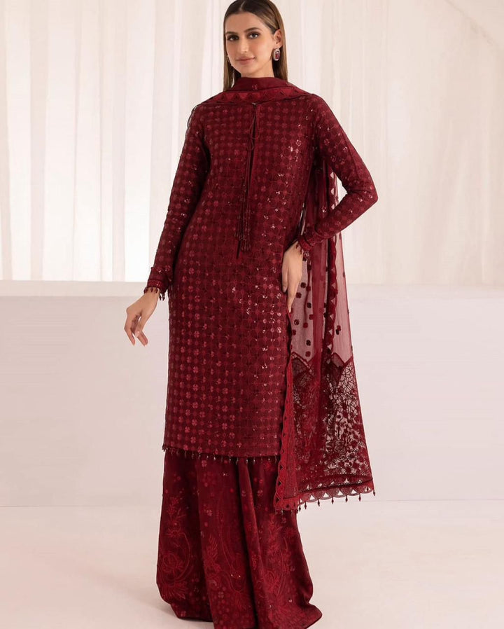 Baroque Chiffon Suit-Maroon-Chiffon-Aarasta