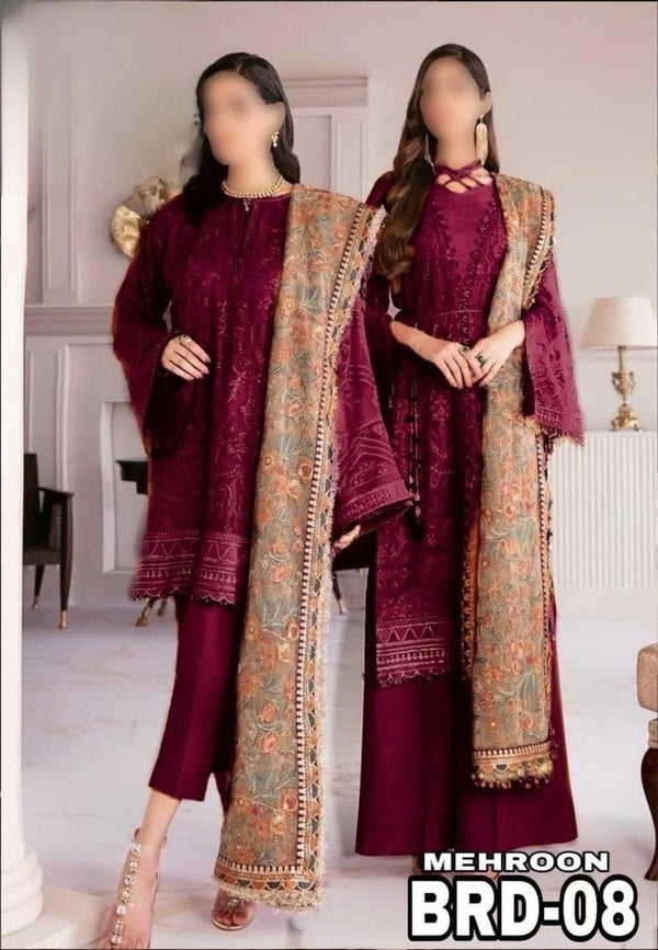 Baroque Chiffon Suit-Maroon-Chiffon-Aarasta