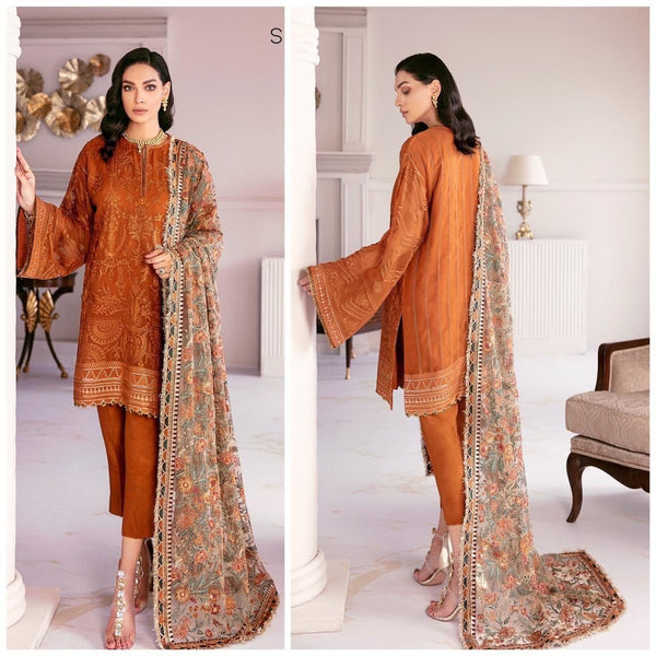 Baroque Chiffon Suit-Orange-Chiffon-Aarasta