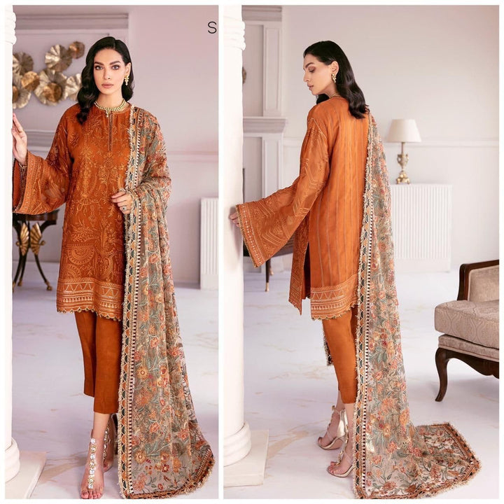 Baroque Chiffon Suit-Orange-Chiffon-Aarasta