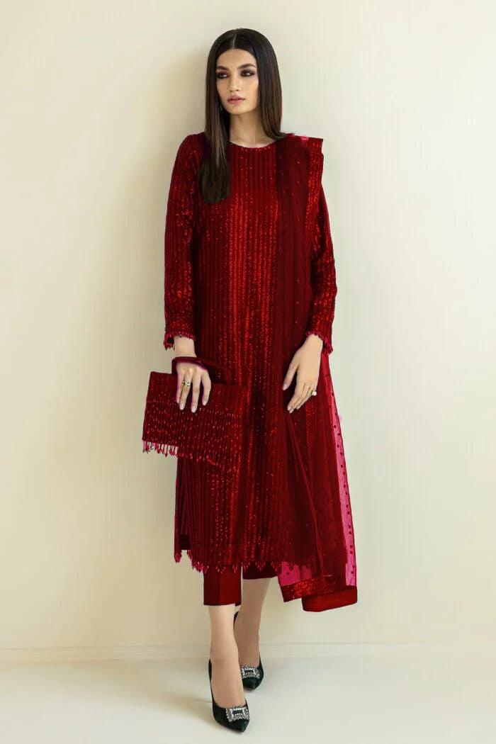 Baroque Chiffon Suit-Red-Chiffon-Aarasta