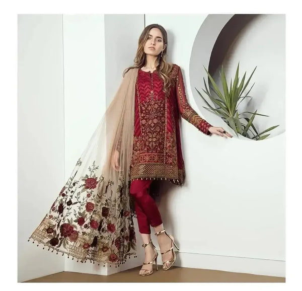 Baroque Chiffon Suit-Red-Chiffon-Aarasta