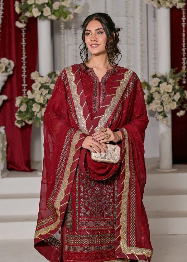 Baroque Chiffon Suit-Red-Chiffon-Aarasta