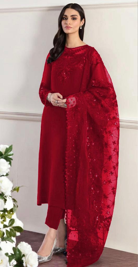 Baroque Chiffon Suit-Red-Chiffon-Aarasta