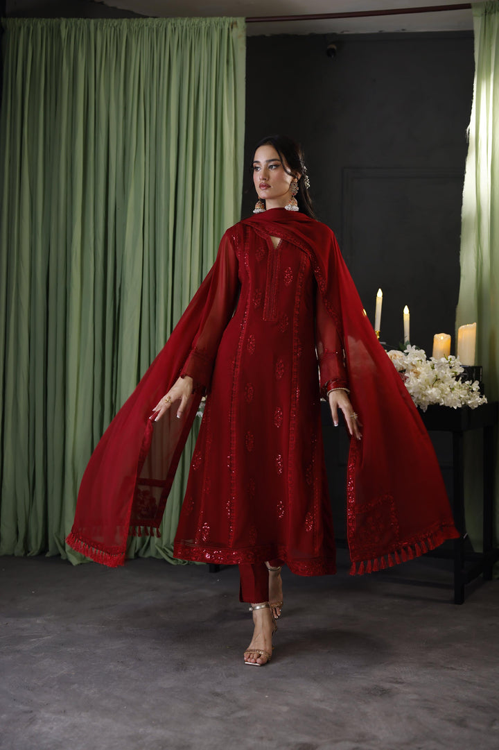 Baroque Chiffon Suit-Red-Chiffon-Aarasta