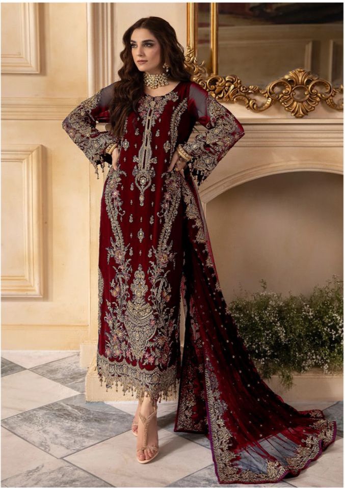 Charizma Chiffon Suit-Maroon-Chiffon-Aarasta