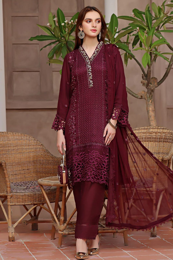 Crimson Chiffon Suit-Maroon-Chiffon-Aarasta