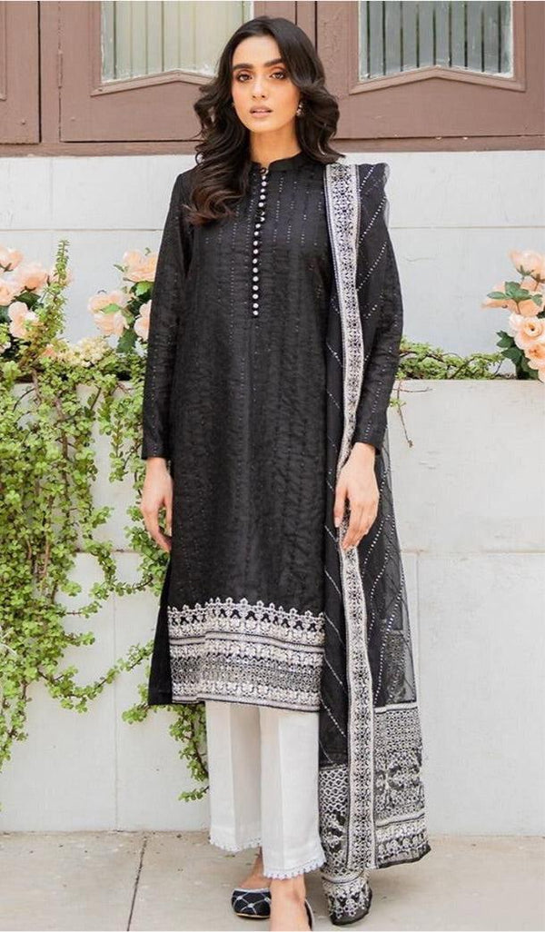 Embroidered Raw Silk Suit-Black-Silk-Aarasta